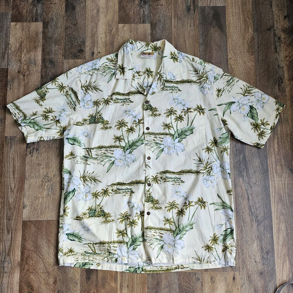 Vtg Winnie Fashion Hawaiian Aloha Shirt XL Made in Hawaii 100% Cotton Palm Tree